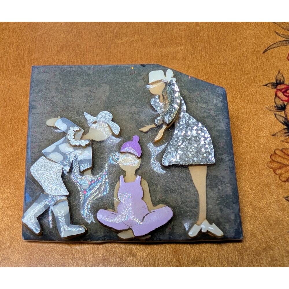 Vtg Woman Pins By Lucinda Brooch Friends Lending A Helping Hand 2x2" Folk Art